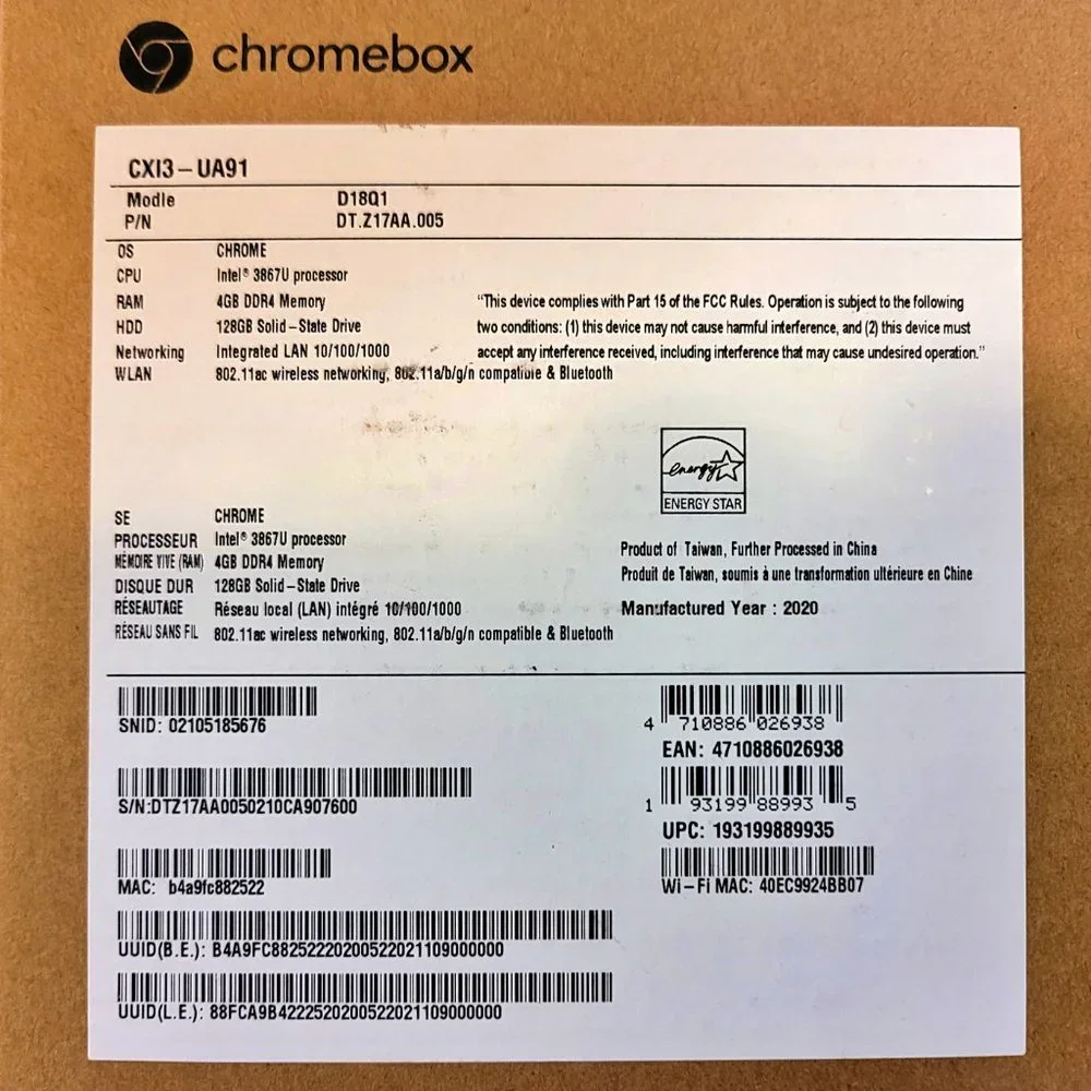 Acer Chromebox 1.8 Celeron 128GB M.2SSD/4GB DDR4/W-Fi 5, EUC (CXI3-UA91)